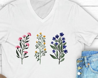 Wildflower V-Neck Tee Shirt, Floral V-Neck T-Shirt