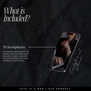 K&ouml;nnte beinhalten: Ein Smartphone zeigt ein Bild einer Person in einem schwarzen Blazer und Ringen mit dem Text "LuxxuryMedia". Das Bild ist vor einem dunklen Hintergrund mit dem Text "What is Included?" und "70 Stockphotos."