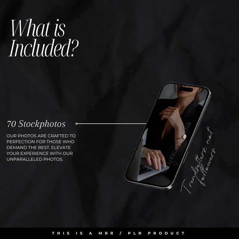 K&ouml;nnte beinhalten: Ein Smartphone zeigt ein Bild einer Person in einem schwarzen Blazer und Ringen mit dem Text "LuxxuryMedia". Das Bild ist vor einem dunklen Hintergrund mit dem Text "What is Included?" und "70 Stockphotos."