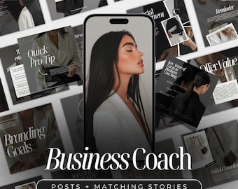 Pode incluir: Uma colagem de imagens que promovem serviços de coaching de negócios. As imagens apresentam uma mulher com um blazer branco, texto sobre coaching de negócios e as palavras "Business Coach" e "Posts + Matching Stories".