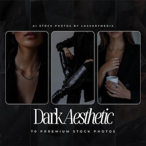 K&ouml;nnte beinhalten: Eine Sammlung von Stockfotos mit dunkler &Auml;sthetik, die drei Bilder enth&auml;lt. Ein Bild zeigt eine silberne Kette, ein anderes schwarze Lederstiefel und das dritte eine silberne Halskette und Ringe. Der Text "Dark Aesthetic" wird angezeigt.
