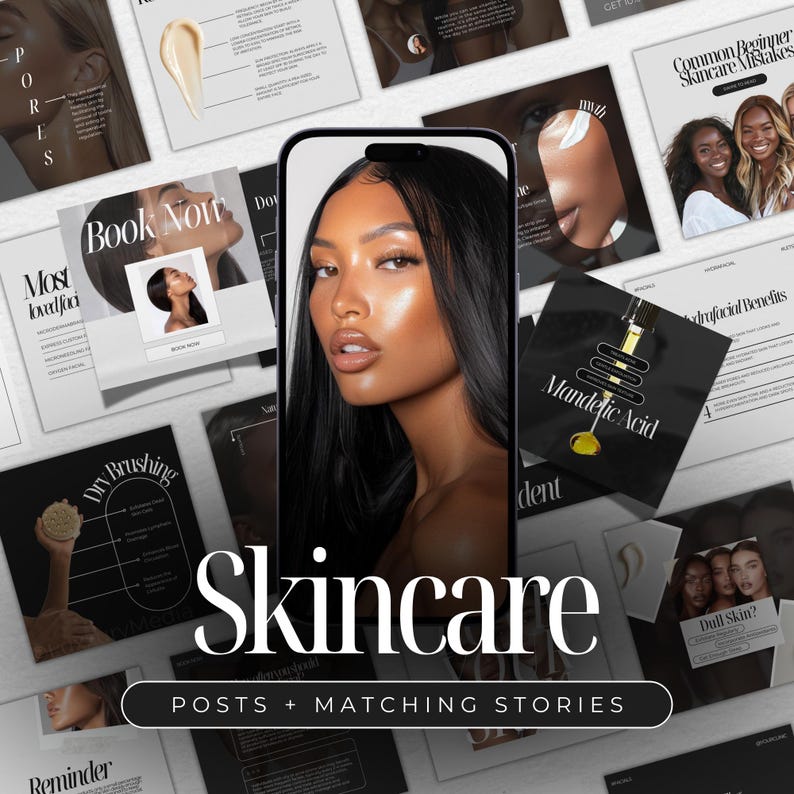 May include: A collage of images promoting skincare products and services. The images feature a woman with glowing skin, a bottle of Mandelic Acid, and text about dry brushing and skincare mistakes. The text "Skincare Posts + Matching Stories" is in large, bold letters.