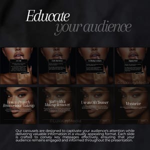 Puede incluir: Una serie de ocho diapositivas de carrusel negras y doradas con im&aacute;genes del rostro de una mujer y texto sobre la eliminaci&oacute;n del maquillaje. El texto en las diapositivas incluye "C&oacute;mo eliminar correctamente el maquillaje", "Comenzar con un removedor de maquillaje", "Usar un limpiador de aceite" y "Hidratar".
