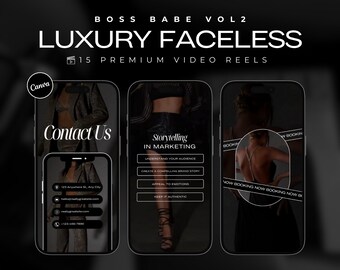 May include: Three phone screen mockups with black backgrounds. The first phone screen shows a contact us page with a woman wearing a black and gold patterned jacket. The second phone screen shows a marketing page with a woman wearing a black skirt and a black jacket. The third phone screen shows a booking page with a woman wearing a black dress with a low back. The text on the screens reads "Contact Us", "Storytelling in Marketing", and "Now Booking".