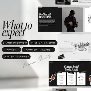 May include: A black and white presentation slide deck with the title "What to expect". The slide deck includes sections for brand overview, mission and vision, goals, content pillars, content planner, visual identity and brand aesthetic, and current social media audit. The slide deck also includes a photo of a person wearing a black jacket and a black hat.
