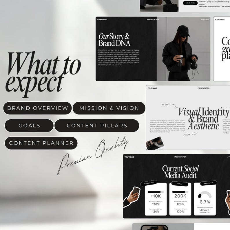 May include: A black and white presentation slide deck with the title "What to expect". The slide deck includes sections for brand overview, mission and vision, goals, content pillars, content planner, visual identity and brand aesthetic, and current social media audit. The slide deck also includes a photo of a person wearing a black jacket and a black hat.