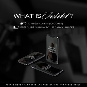May include: A mockup of three smartphone screens showing different Instagram reel covers. The text on the screens reads "EARN SSS without lifting a finger" and "Watch your wealth grow on autopilot". The text on the image reads "WHAT IS Included? 30 REELS COVERS (1080X1920) FREE GUIDE ON HOW TO USE CANVA 15 PAGES PLEASE NOTE THAT THESE ARE REEL COVERS NOT VIDEO REELS".