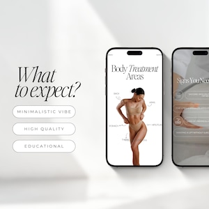 Peut inclure: Deux smartphones affichent des informations sur les traitements corporels. Un &eacute;cran montre une femme avec des zones du corps &eacute;tiquet&eacute;es, l'autre liste les signes n&eacute;cessitant un traitement. Le texte &agrave; gauche indique "What to expect?" avec les options : "Minimalistic Vibe", "High Quality" et "Educational".