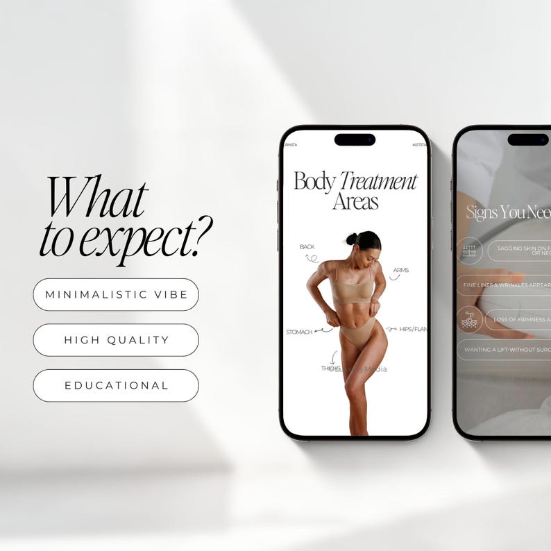 Peut inclure: Deux smartphones affichent des informations sur les traitements corporels. Un &eacute;cran montre une femme avec des zones du corps &eacute;tiquet&eacute;es, l'autre liste les signes n&eacute;cessitant un traitement. Le texte &agrave; gauche indique "What to expect?" avec les options : "Minimalistic Vibe", "High Quality" et "Educational".