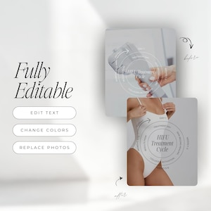 Peut inclure: Image promotionnelle avec le texte "Enti&egrave;rement modifiable" et des options pour modifier le texte, changer les couleurs et remplacer les photos. L'image comprend &eacute;galement des sch&eacute;mas illustrant le cycle de traitement HIFU.
