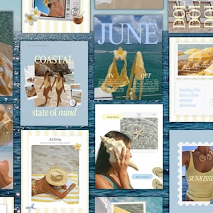 May include: A digital collage featuring multiple summer-themed images with a blue and yellow color palette. Elements include beach scenes, a person holding a seashell, text overlays like COASTAL, JUNE, and SUNKISSED, and various graphic accents.
