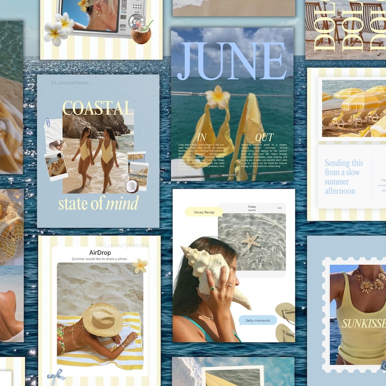 May include: A digital collage featuring multiple summer-themed images with a blue and yellow color palette. Elements include beach scenes, a person holding a seashell, text overlays like COASTAL, JUNE, and SUNKISSED, and various graphic accents.