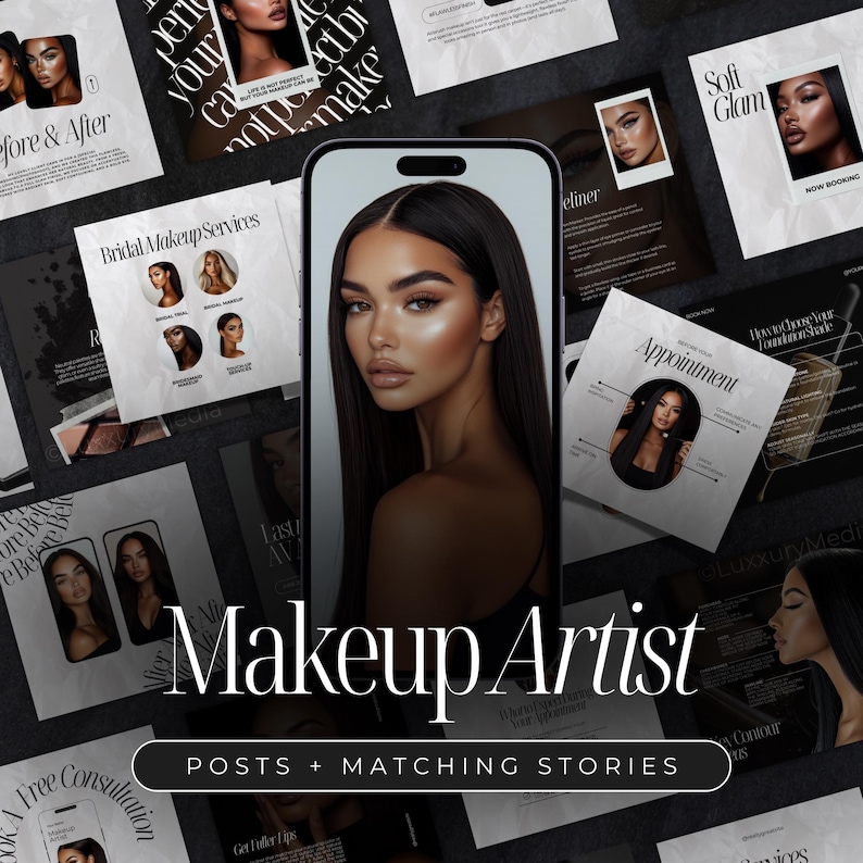Puede incluir: Un collage de im&aacute;genes que promocionan los servicios de una maquilladora. Las im&aacute;genes muestran a una mujer con un look de maquillaje suave y glamuroso, una pantalla de tel&eacute;fono con un tutorial de maquillaje y texto que dice "Makeup Artist" y "Posts + Matching Stories".