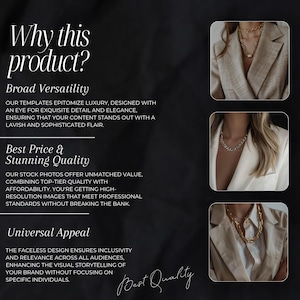 May include: A black and white graphic design with text that reads "Why this product?" and lists three reasons why this product is great: Broad Versatility, Best Price & Stunning Quality, and Universal Appeal. The graphic also includes three images of women wearing gold chain necklaces.