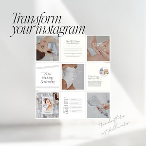 Peut inclure: Image promotionnelle avec le texte "Transform your instagram" dans une police stylis&eacute;e. L'image pr&eacute;sente une grille de neuf petites images, dont le texte "Now Booking September" et "Body HIFU". La phrase "Trendsetters, not followers" est &eacute;galement pr&eacute;sente.