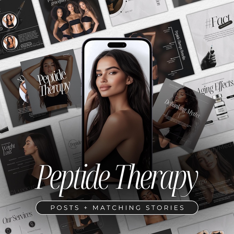 May include: A collage of images promoting peptide therapy for skin care. The images feature a woman with dark hair and a phone screen displaying a close-up of her face. The text "Peptide Therapy" is displayed in large, bold letters. The text "Posts + Matching Stories" is also displayed.