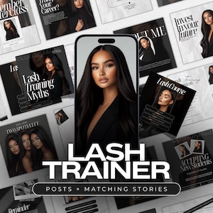 May include: A collage of images promoting a lash training course. The images feature a woman with long black hair and a black outfit, a phone screen with the text "Lash Trainer", and text that says "Invest in your future" and "Lash Training Myths".