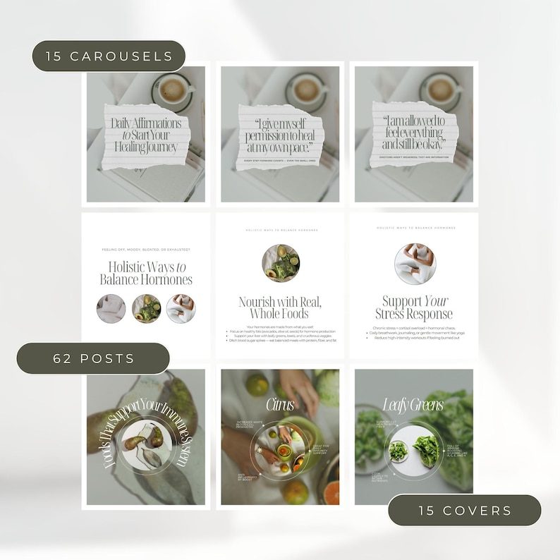 May include: A grid of nine white square graphics with text and images. The graphics include text such as "Daily Affirmations to Start Your Healing Journey" and "Nourish with Real, Whole Foods". The image also includes the text "15 CAROUSELS", "62 POSTS", and "15 COVERS".