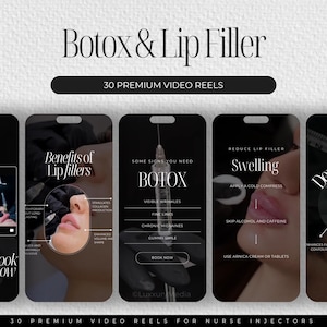 Könnte beinhalten: Eine Collage aus vier Bildern, die Botox- und Lippenfüller-Behandlungen bewerben. Die Bilder zeigen Nahaufnahmen einer Person, die Injektionen erhält, mit Text, der die Vorteile jeder Behandlung hervorhebt. Der Text beinhaltet "Vorteile von Lippenfüllern", "Einige Anzeichen, dass Sie Botox benötigen", "Lippenfüller-Schwellung reduzieren" und "Verbessert die Gesichtskontur".