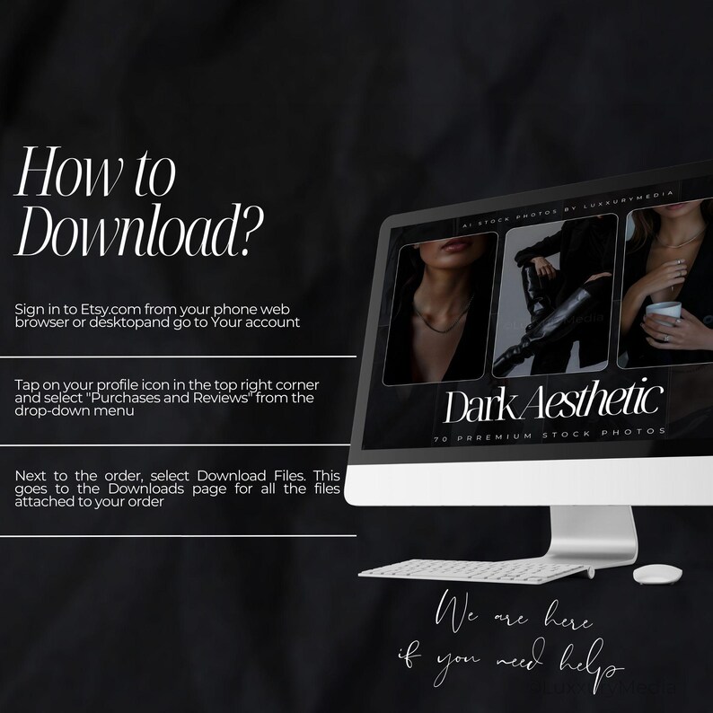 K&ouml;nnte beinhalten: Ein Computermonitor zeigt eine Website mit dem Text "Dark Aesthetic" und Anweisungen zum Herunterladen von Dateien. Der Bildschirm zeigt drei Bilder einer Frau. Der Hintergrund ist schwarz.