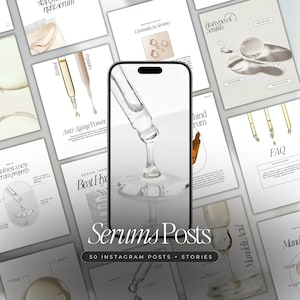Puede incluir: Una imagen que muestra publicaciones de Instagram sobre el cuidado de la piel. Un cuentagotas de suero con un l&iacute;quido transparente es el punto focal. Las tarjetas circundantes muestran texto como "Anti-Aging Power" y "Serums Posts".