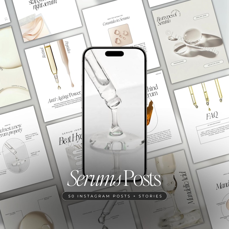 Puede incluir: Una imagen que muestra publicaciones de Instagram sobre el cuidado de la piel. Un cuentagotas de suero con un l&iacute;quido transparente es el punto focal. Las tarjetas circundantes muestran texto como "Anti-Aging Power" y "Serums Posts".