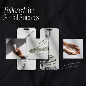 Pode incluir: Uma colagem de imagens que mostram produtos para o cuidado da pele. As imagens incluem um tubo branco de creme, um frasco conta-gotas transparente com soro e uma m&atilde;o aplicando um l&iacute;quido transparente na pele. O texto "your search ends here" tamb&eacute;m est&aacute; inclu&iacute;do na imagem.