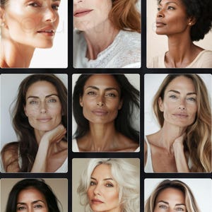 May include: A collage of nine images featuring close-up portraits of women with different skin tones and hair colors. Each woman is looking directly at the camera with a neutral expression.
