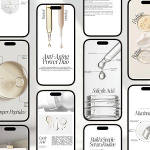 Puede incluir: Varios smartphones que muestran informaci&oacute;n sobre productos para el cuidado de la piel. Una pantalla muestra "Anti-Aging Power Duo" con "Retinol" y "Peptides", y otra muestra "Salicylic Acid". Otras pantallas muestran "Lactic Acid" y "Build a Simple Serum Routine".