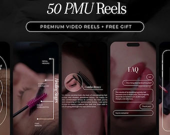 May include: A digital marketing kit for permanent makeup artists. The kit includes 50 premium video reels and 30 Instagram captions. The image shows a phone screen with a graphic of a woman's eyebrow and the text "Healing Stages" and "Combo Brows".