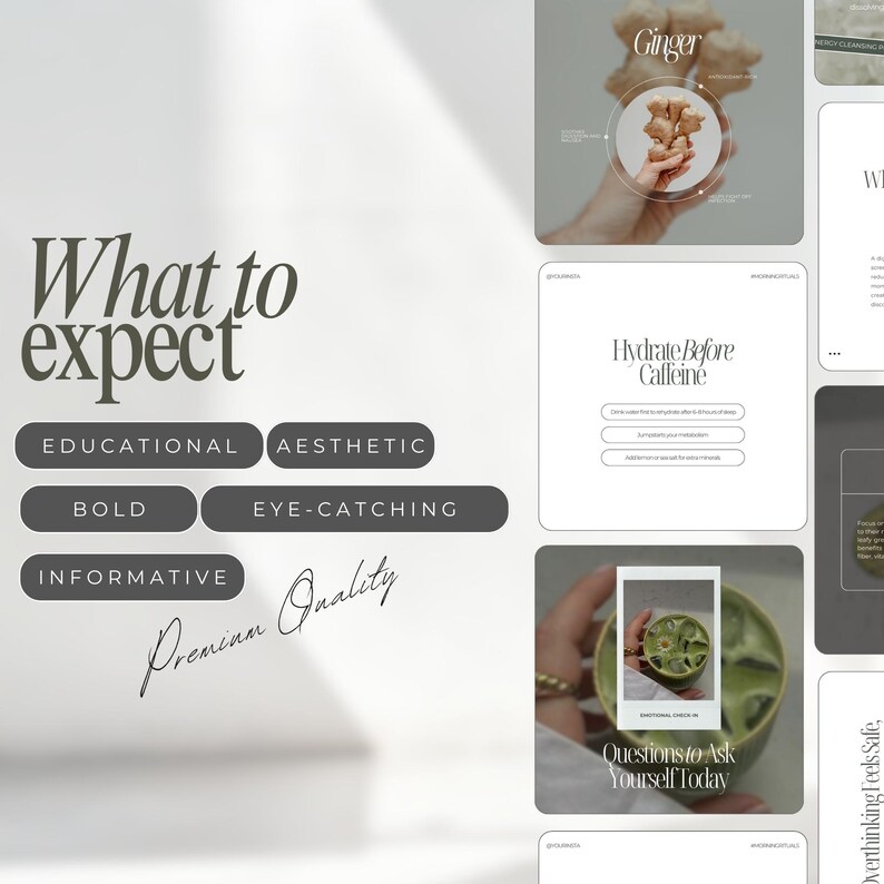 May include: Aesthetic educational graphic with the text "What to expect" in a stylish font. Additional text includes "Educational", "Aesthetic", "Bold", "Eye-Catching", and "Informative". The image also features a photo of ginger and a matcha drink.