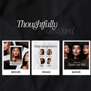 Puede incluir: Tres plantillas de historias de Instagram para una maquilladora de bodas. La primera plantilla presenta a una mujer con maquillaje y el texto "EDUCATE". La segunda plantilla presenta el texto "Bridal Makeup Services" y el texto "ENGAGE". La tercera plantilla presenta el texto "PROM LOOKS Choose Your Style" y el texto "ELEVATE".