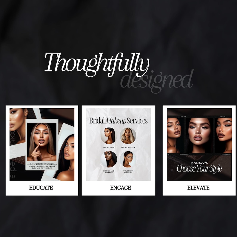 Puede incluir: Tres plantillas de historias de Instagram para una maquilladora de bodas. La primera plantilla presenta a una mujer con maquillaje y el texto "EDUCATE". La segunda plantilla presenta el texto "Bridal Makeup Services" y el texto "ENGAGE". La tercera plantilla presenta el texto "PROM LOOKS Choose Your Style" y el texto "ELEVATE".