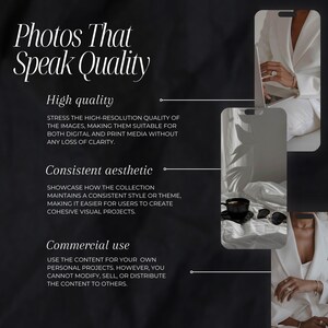 May include: Text overlay on a black background with three images of different scenes. The text reads "Photos That Speak Quality" and lists three qualities: "High quality", "Consistent aesthetic", and "Commercial use".