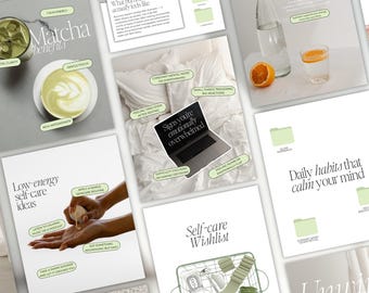 May include: A collection of self-care themed images. One image features matcha tea, another shows a laptop with the text "Signs you're emotionally overwhelmed." Other images include self-care ideas, a wishlist, and hydration tips.