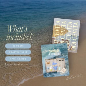May include: Two rectangular digital templates featuring beach imagery. One displays the text DOLCEVITA repeatedly over a beach scene with an umbrella. The other shows an open suitcase with summer items and the text Summer Essentials.
