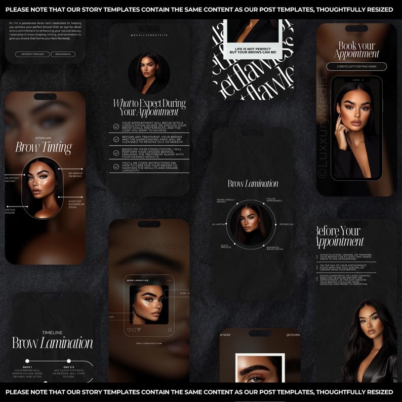May include: A collection of social media story templates for a beauty salon or spa. The templates feature a black background with gold accents and images of a woman with styled eyebrows. The text on the templates includes "Brow Tinting", "Brow Lamination", "What to Expect During Your Appointment", "Before Your Appointment", and "Book Your Appointment".