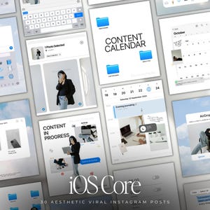 May include: A collection of digital mockups for Instagram posts, featuring a light blue and white color scheme. The designs include calendar layouts, content planning tools, and photo selections. Text includes "CONTENT CALENDAR" and "iOS Core".