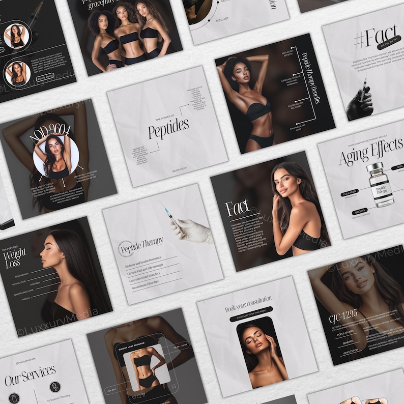 May include: A collage of images promoting peptide therapy for weight loss and anti-aging. The images feature women with different skin tones and hairstyles, along with text about the benefits of peptide therapy. The text includes the words "Peptides", "Peptide Therapy", "Aging Effects", "Weight Loss", "Fact", and "Book your consultation".