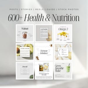 May include: A collage of nine Instagram posts about health and nutrition. The posts feature images of walnuts, avocado, broccoli, omega-3 capsules, and a green smoothie. The text on the posts includes "Benefits of Walnuts", "Gut Health", "The Benefits of Omega 3", "Hormone Imbalance", "The Impact of Stress on Gut Health", and "Green Smoothie Shake".