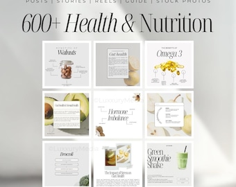 Può includere: Un collage di nove post di Instagram su salute e nutrizione. I post mostrano immagini di noci, avocado, broccoli, capsule di omega-3 e uno smoothie verde. Il testo sui post include "Benefici delle noci", "Salute intestinale", "I benefici dell'omega 3", "Squilibrio ormonale", "L'impatto dello stress sulla salute intestinale" e "Smoothie verde".