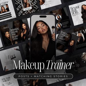 Puede incluir: Un collage de imágenes que promocionan un curso de formación en maquillaje. Las imágenes muestran a una mujer maquillándose, texto sobre la desmitificación de los mitos sobre los ingresos de los maquilladores y la frase "Makeup Trainer: Posts + Matching Stories".