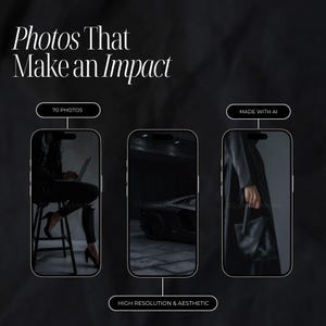 K&ouml;nnte beinhalten: Bild mit dem Text "Photos That Make an Impact". Drei Smartphones zeigen dunkle Bilder. Eines zeigt eine Person, die einen Laptop benutzt, ein anderes ein schwarzes Auto und das letzte eine Person, die eine Tasche h&auml;lt. Der Text enth&auml;lt "70 Photos", "Made with AI" und "High Resolution & Aesthetic".