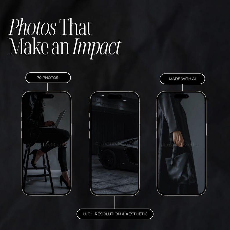 K&ouml;nnte beinhalten: Bild mit dem Text "Photos That Make an Impact". Drei Smartphones zeigen dunkle Bilder. Eines zeigt eine Person, die einen Laptop benutzt, ein anderes ein schwarzes Auto und das letzte eine Person, die eine Tasche h&auml;lt. Der Text enth&auml;lt "70 Photos", "Made with AI" und "High Resolution & Aesthetic".