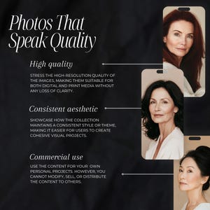 May include: Text on a black background with three women's faces in white frames. The text reads "Photos That Speak Quality" and describes the benefits of using high-quality images, including consistent aesthetic and commercial use.