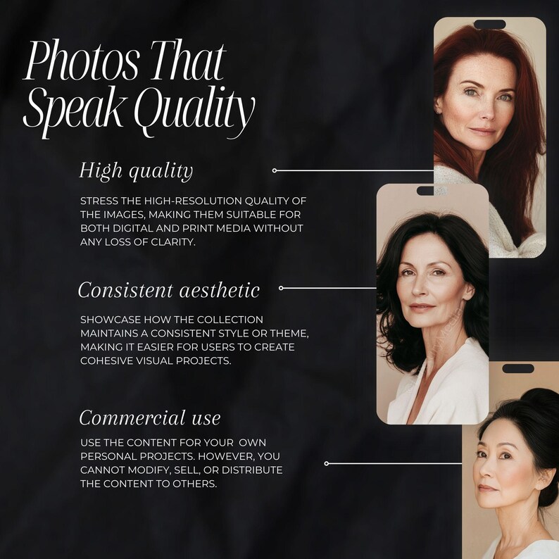 May include: Text on a black background with three women's faces in white frames. The text reads "Photos That Speak Quality" and describes the benefits of using high-quality images, including consistent aesthetic and commercial use.