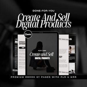 Puede incluir: Una imagen en blanco y negro de la portada de un libro electrónico de producto digital con el título "Crea y vende productos digitales". La portada presenta a una mujer sentada en el suelo con una computadora portátil y una bolsa. El libro electrónico tiene 57 páginas e incluye PLR y MRR.
