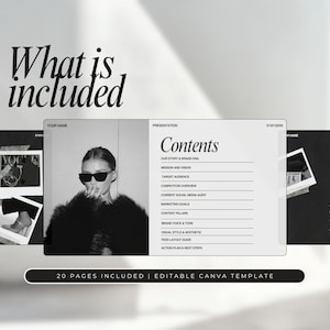 May include: A black and white image of a woman wearing sunglasses and a fur coat. The image is part of a presentation template for a social media strategy. The template includes sections for brand story, mission and vision, target audience, competitor overview, current social media audit, marketing goals, content pillars, brand voice and tone, visual style and aesthetic, feed layout guide, and action plan and next steps. The template is editable and includes 20 pages.