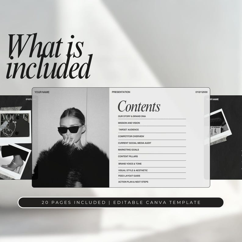 May include: A black and white image of a woman wearing sunglasses and a fur coat. The image is part of a presentation template for a social media strategy. The template includes sections for brand story, mission and vision, target audience, competitor overview, current social media audit, marketing goals, content pillars, brand voice and tone, visual style and aesthetic, feed layout guide, and action plan and next steps. The template is editable and includes 20 pages.