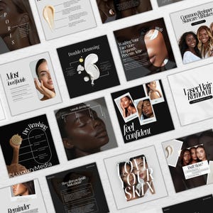 May include: A collage of images with skincare tips and advice. The images feature different people with various skin tones and textures. The text includes phrases like "Dry Brushing", "Double Cleansing", "Washing Your Face More Frequently", "Most Loved Facials", "Love Your Skin", "Feel Confident", "Common Beginner Skincare Mistakes", and "Laser Hair Removal".